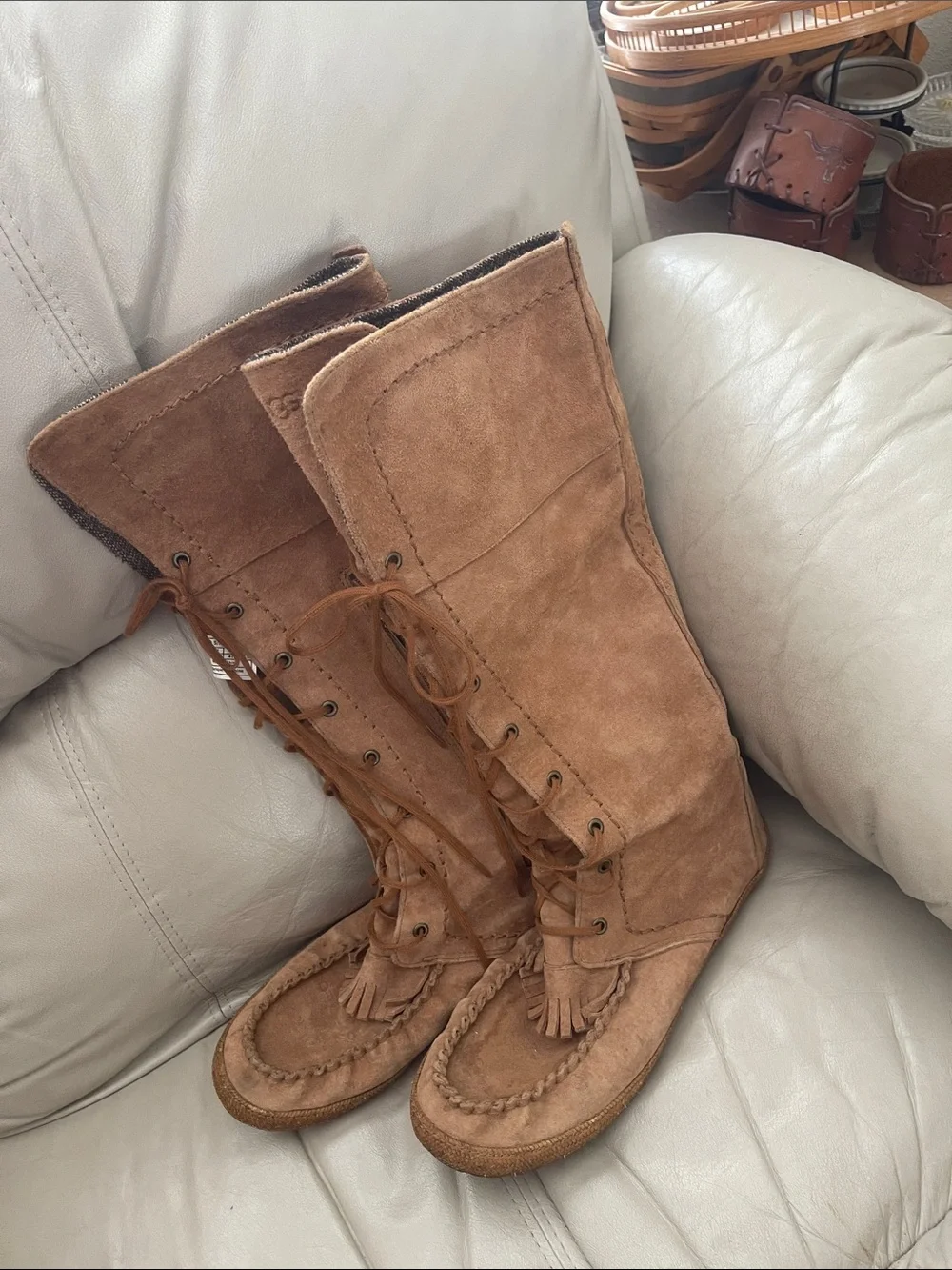 UGG Somaya Chestnut Suede Tall Moccasin Fringe Boots Size 10